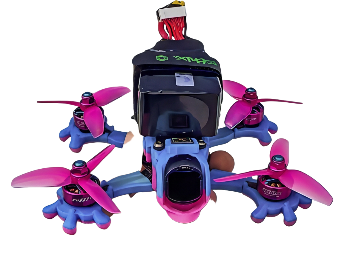 Fully built Geeko 3-inch quad with motors, props, camera and dual-tone TPU parts fitted