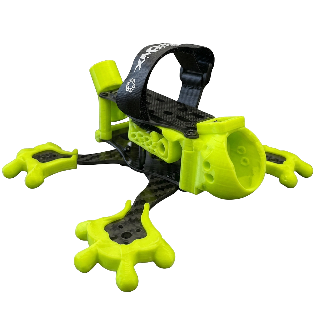 Front three-quarter view of the Geeko 3-inch frame showing its carbon arms and fluorescent yellow TPU parts