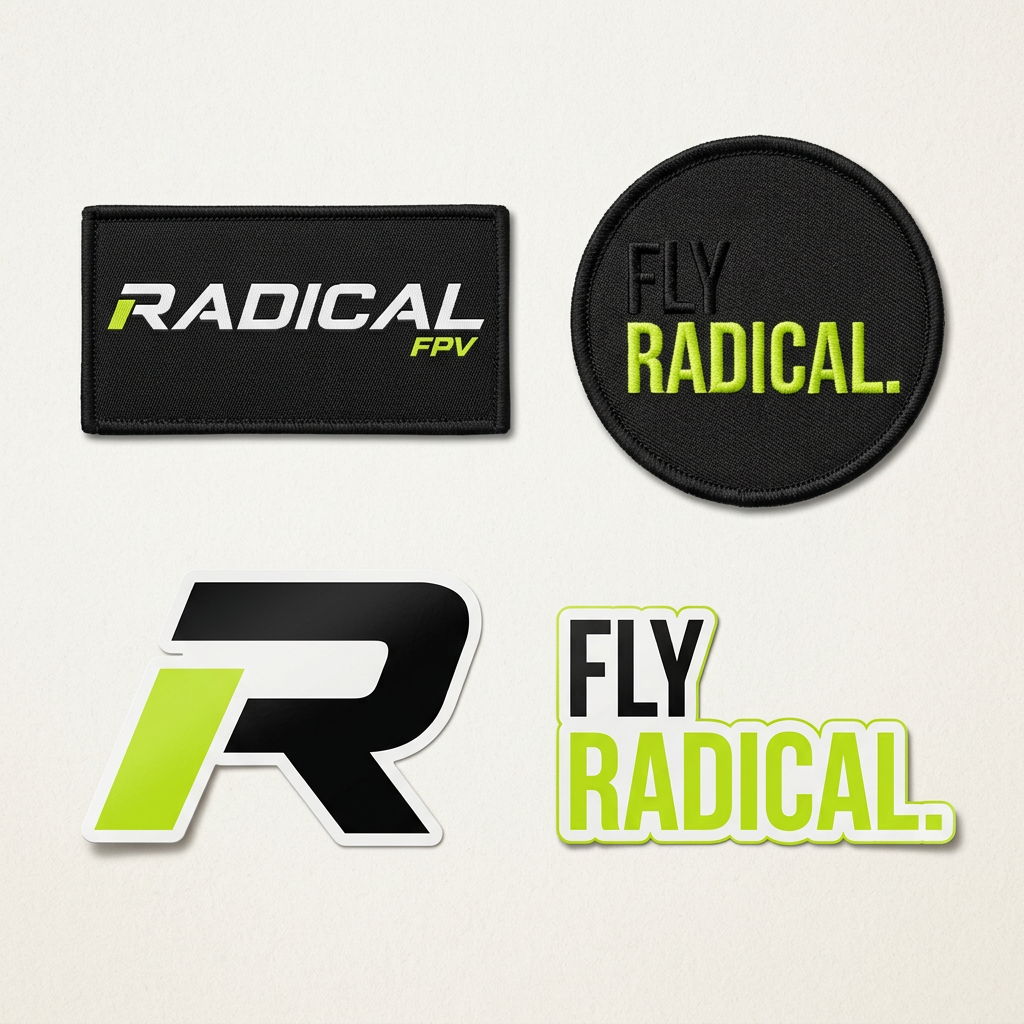 Radical FPV woven patches and vinyl stickers using the official logo and Fly Radical artwork