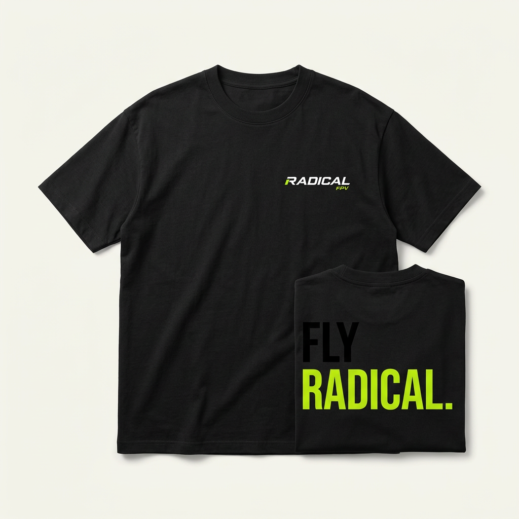 Black Radical FPV streetwear T-shirt with the official chest logo and Fly Radical back print