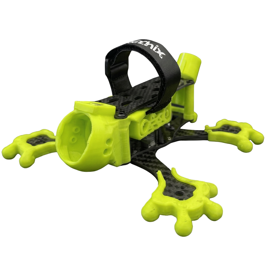 Side three-quarter view of the Geeko 3-inch frame with fluorescent yellow TPU camera cage and antenna mount