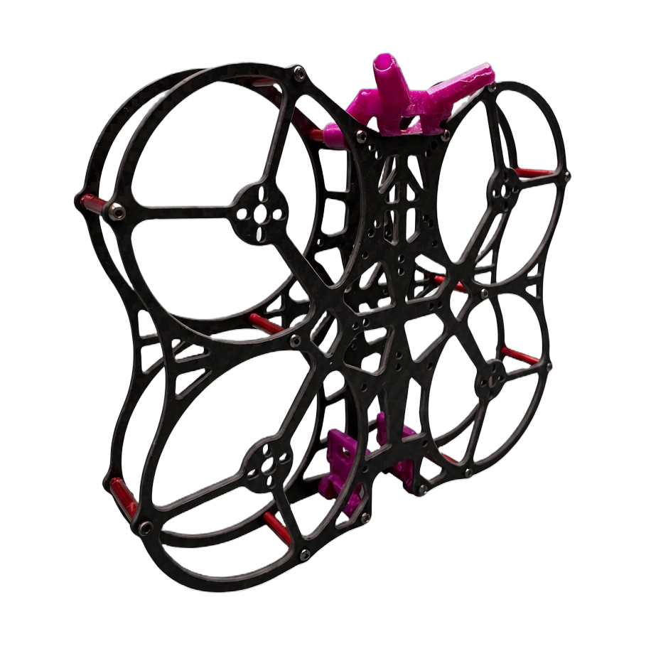 C25 MoneyMaker carbon frame from a three-quarter angle with magenta TPU mounts and red standoffs